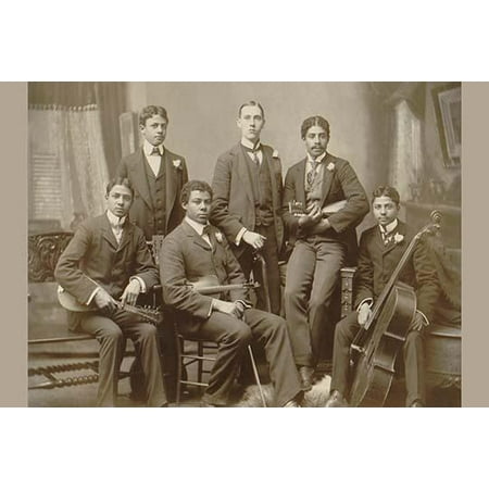 Photograph shows a group of six young men posed with their instruments in the photographers home studio on Summit Avenue Atlanta Ga From left the photographers twin sons Clarence and Norman Askew son