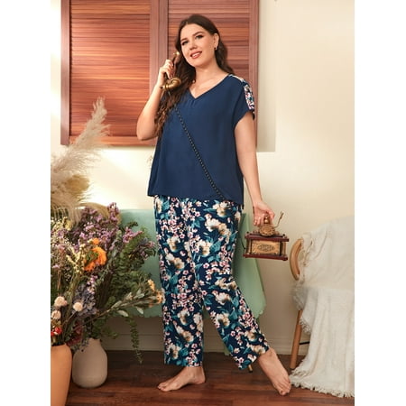 

Casual Women s Plus Short Sleeve Floral Print V Neck Top Pants Pajama Set Multicolor 0XL(12) for Summer F220102Y