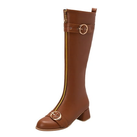 

nsendm Female Shoes Adult Boots Women Thigh High British Style Leather Solid Front Zipper Belt Decorative Button Knee High Boots for Women Toe Brown 6.5