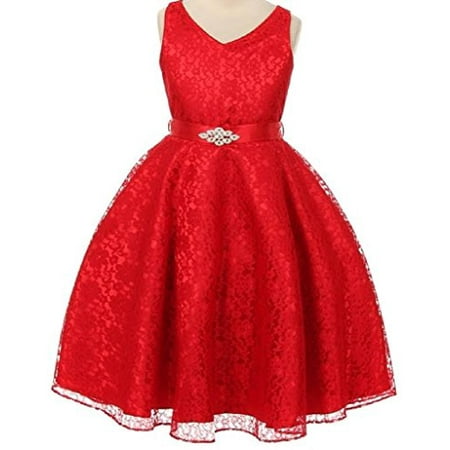 Big Girls' Lace Floral Pattern Satin Sash Flowers Girls Dresses Red 10