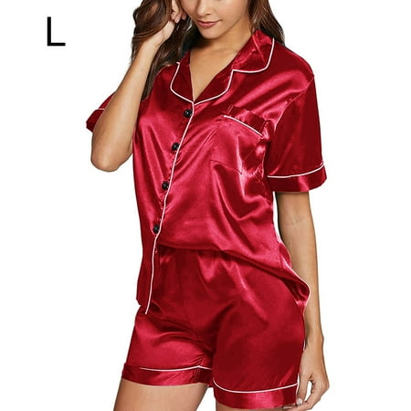 Elenxs Women Buttons Down Front Lapel Short Neck Sleeve Suit Pajama Sleepwear