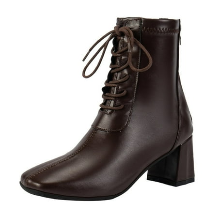 JNGSA Short Boots Women Women s Square Toe Chunky Heel Boots Winter Lace-Up Short Boots Mid Calf Boots Leather Boots