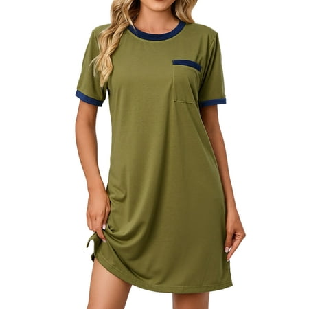 

Haite Ladies Sleep Dress Crew Neck Nightgown Short Sleeve Pajama Nightdress Sleepwear Nightshirt Solid Color Night Gowns Army Green S
