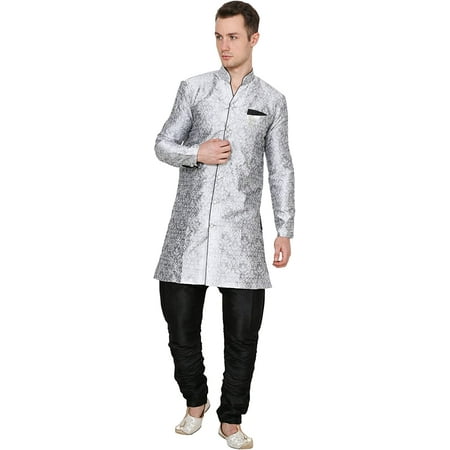 Royal Kurta Men s Jacquard Silk Floral Print Indowestern Sherwani Silver