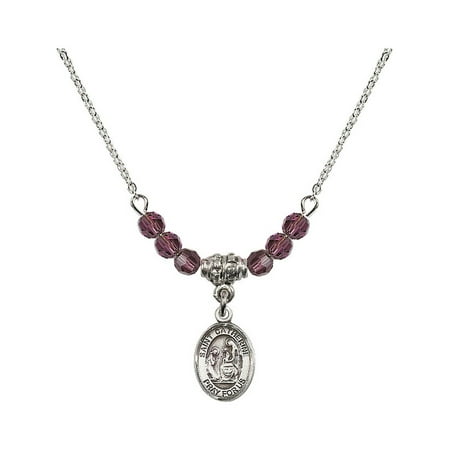 18-Inch Rhodium Plated Necklace with 4mm Purple February Birth Month Stone Beads and Saint Catherine of Siena Charm