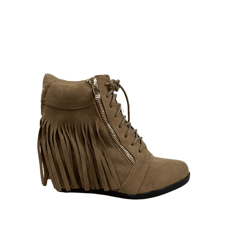 

Glady-23 Women s Casual Fringe Ankle Booties Lace up Low Wedge Shoes ( Taupe 5 )