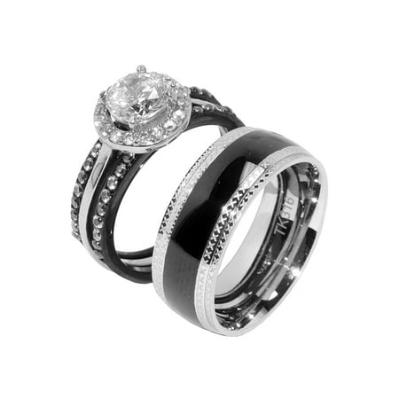 His & Hers 4 PCS Black IP Stainless Steel Round CZ Wedding Set/Mens Band-SIZE W8M10