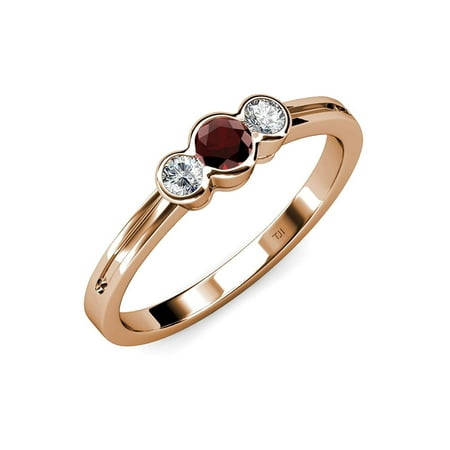 

Red Garnet and Diamond (SI2-I1 G-H) Three Stone Ring 0.56 ct tw in 14K Rose Gold.size 5.0
