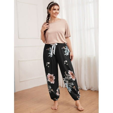 

Multicolor Casual Women s Plus Floral Print Bow Pajama Set 3XL(18) Y22001D