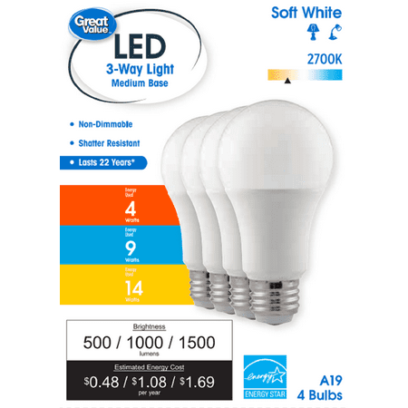 Great Value LED Frosted Light Bulb A19 3Way 14Watts Soft White Bulb Medium Base 4PK CA
Great Value LED Frosted Light Bulb A19 3Way 14Watts Soft White Bulb Medium Base 4PK CA