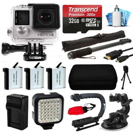 GoPro HERO4 Hero 4 Black Edition 4K Action Camera Camcorder with 32GB MicroSD Card, 3x Battery with Charger, Opteka X-Grip, LED Light, Car Mount, HDMI Cable, Selfie Stick, Case, Cleaning Kit CHDHX-401