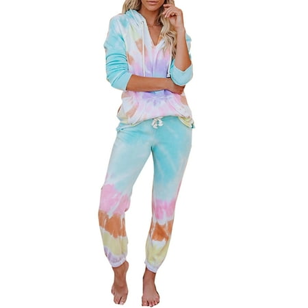 Women Tie-Dye Long Pajamas Long Sleeve Crew Hooded Set Loungewear Nightwear with Pockets