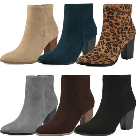 DREAM PAIRS Women Booties Chunky Block Heel Almond Toe Side Zipper Ankle Boots