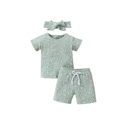 Zervatek Baby Toddler Kid Girl Outfits Floral Print Ribbed Short Sleeve T-shirts Tops Elastic Waist Shorts Headband
Zervatek Baby Toddler Kid Girl Outfits Floral Print Ribbed Short Sleeve T-shirts Tops Elastic Waist Shorts Headband