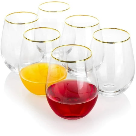Disposable Gold Rim Stemless Wine Goblet Glasses 16 Oz Set - For Parties