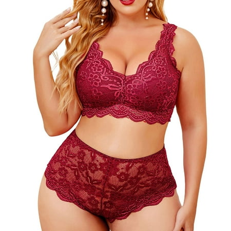 

iOPQO lingerie for women Plus Size Lingerie V Neck High Waist Floral Lace Criss Cross Bra And Panty 2 Piece Set No Underwire Bra Wine XL