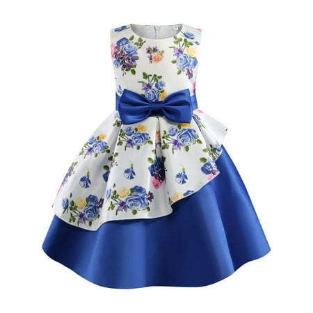 Girls And Toddlers Dress Short Sleeve Midi Dresses Casual Print Blue 110