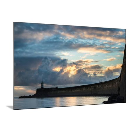 Beautiful Vibrant Sunrise Sky over Calm Water Ocean with Lighthouse and Harbor Wall Wood Mounted Print Wall Art By Veneratio