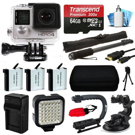 GoPro HERO4 Hero 4 Black Edition 4K Action Camera Camcorder with 64GB MicroSD Card, 3x Battery with Charger, Opteka X-Grip, LED Light, Car Mount, HDMI Cable, Selfie Stick, Case, Cleaning Kit CHDHX-401