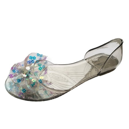 sandals for Women Women Sandals Flat Sequin Shoes Crystal Jelly Fish Mouth Shoes Transparent Shoes Linen Dress Sandals for Women Grey