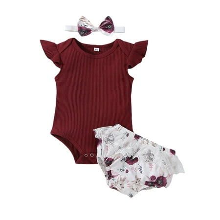 Nokpsedcb 3Pcs Infant Baby Girls Clothes Sets Solid Color Fly Sleeve Romper Tops + Printed Lace Shorts + Headband Wine Red 12-18 Months
Nokpsedcb 3Pcs Infant Baby Girls Clothes Sets Solid Color Fly Sleeve Romper Tops + Printed Lace Shorts + Headband Wine Red 12-18 Months