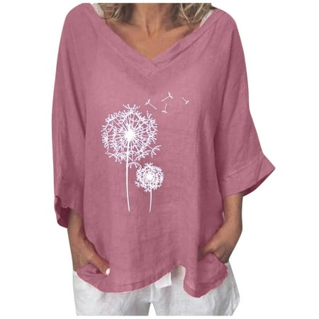Bospose 3/4 Sleeve Shirt Women Short Shirt Girl Girls V-Neck Shirt Pink Bustier Top Tunic Sweatshirt Lady Women Print Tops Tee T-Shirt Blouse s Letter Cotton Linen T-Shirt Top L