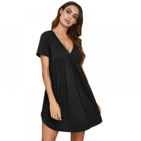 

Womens Nightgowns Sexy V Neck Sleepwear Short Sleeve Nightshirt Loose Pajama Dress Short Nightdress for Women Black XXL=US16/18