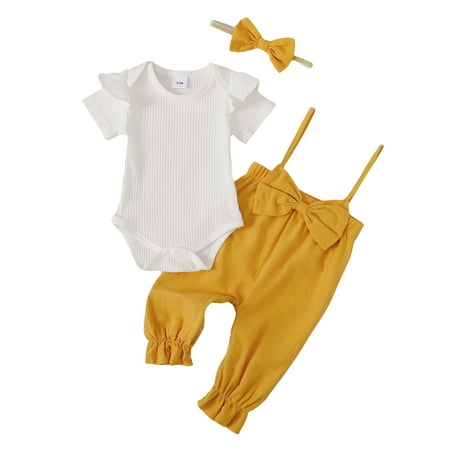 Mikrdoo Newborn Baby Girls Clothes Ruffle Sleeve Solid Color Romper Straps Bow Suspender Pants Headband 3PCS Nice Apparel Outfits Yellow 6-12 Months
Mikrdoo Newborn Baby Girls Clothes Ruffle Sleeve Solid Color Romper Straps Bow Suspender Pants Headband 3PCS Nice Apparel Outfits Yellow 6-12 Months