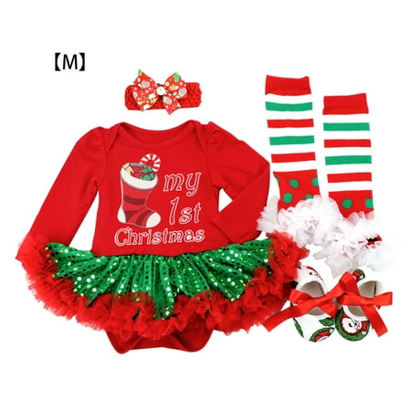 1111Fourone 4 Pcs/set Christmas Girl Clothes Set Skirt Dress Shoes Hairband