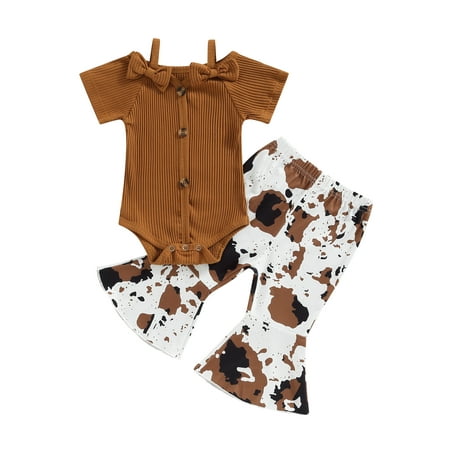 Lamuusaa Baby Girls Summer Jumpsuits Set Bowknot Short Sleeves Button Romper and Elastic Casual Cow Print Flared Pants 
Lamuusaa Baby Girls Summer Jumpsuits Set Bowknot Short Sleeves Button Romper and Elastic Casual Cow Print Flared Pants