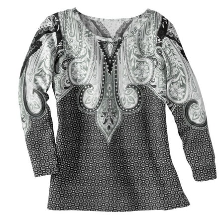 Women's Paisley Sequin Scoop Neck Top, Medium, Black/White
