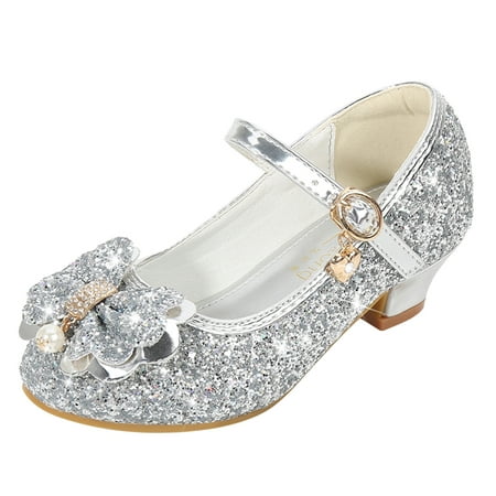 

Fimkaul Girls Sandals Little Dress Pumps Glitter Sequins Princess Bowknot Low Heels Party Dance Rhinestone Shoes Grey
