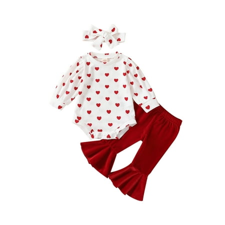 Valentine s Day 3Pcs Baby Girls Autumn Outfit Sets Long Sleeve Heart Print Romper + Velvet Flared Pants + Headband
Valentine s Day 3Pcs Baby Girls Autumn Outfit Sets Long Sleeve Heart Print Romper + Velvet Flared Pants + Headband