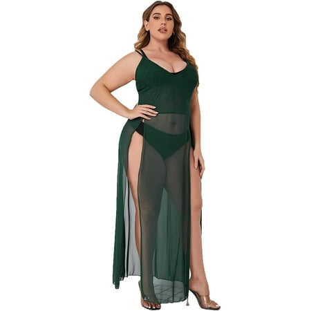 ZHENG Women s Plus Size Split Long Mesh Lingerie Dress Babydoll Chemise