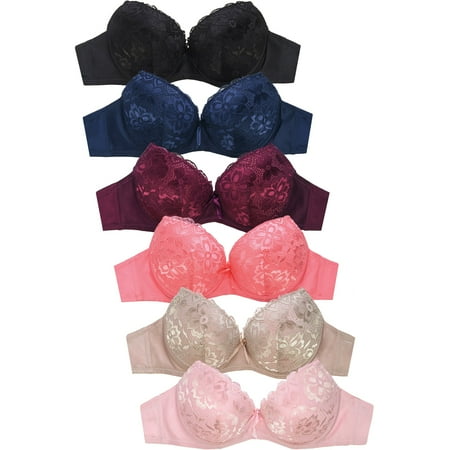 247 Frenzy Women s Essentials Mamia PACK OF 6 Full Coverage Lace Accent Push Up Bras