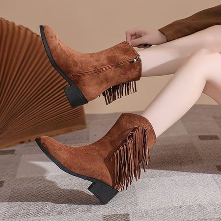Aueoeo Womens Leather Boots Women s Plus Size Winter Ankle Boots Slip On Zipper Chunky Heel Snow Boots Low Heeled Booties