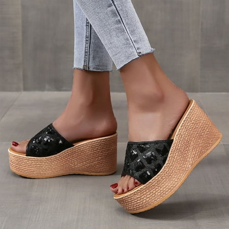 

Women Shoes Fashion Summer Women Sandals Thick Bottom Wedge Heel Casual Fish Mouth Sequins Shiny Fish Mouth Black 7.5