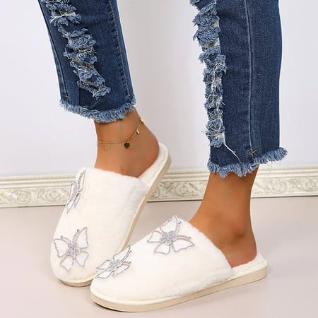 Slippers for Women Solid Color Butterfly Decorative Closed Toe Flat Plush Cotton Slippers White 9
Slippers for Women Solid Color Butterfly Decorative Closed Toe Flat Plush Cotton Slippers White 9