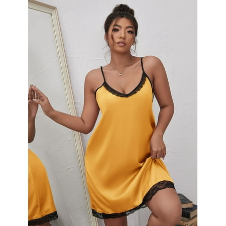 

Mustard Yellow Casual Women s Plus Lace Trim Satin Cami Nightdress 2XL(16) Y22001D