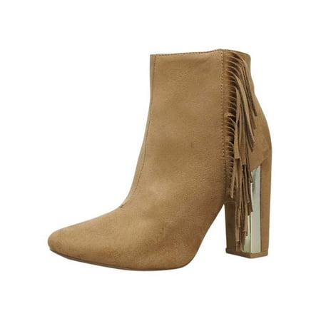 

Tan Womens Booties With Stacked Heel & Fringe Size 8.5