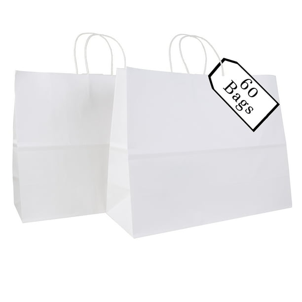 Incredible Packaging - 16" x 6" x 12" Kraft Paper Bags with Handles for Shopping, Retail and Merchandise. Strong and Reusable - 60 Bags Count - 80 Paper Thickness (White)