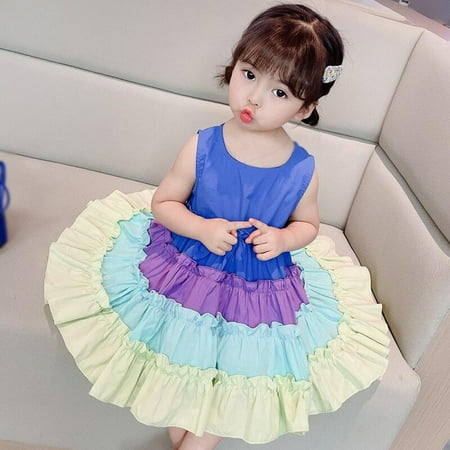 ZDMATHE Girls Cute Dress Kids Girl O-neck Rainbow Gradually Dresses 3-8Y Kids Sleeveless Ruffled Princess Dress Children Clothing