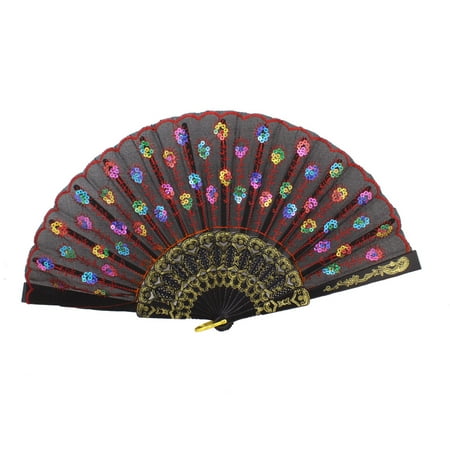 Embroidered Flower Plastic Frame Nylon Folding Hand Fan Red Black