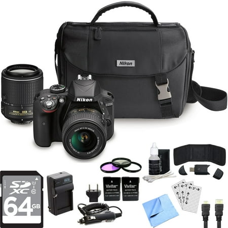 Nikon D3300 DSLR 24.2MP HD 1080p Camera w\/ 18-55mm + 55-200mm VR Lens Black Bundle includes Camera, Lenses, Case, 64GB SDXC Memory Card, Filter Kit, Batteries, Charger, Beach Camera Cloth and More
