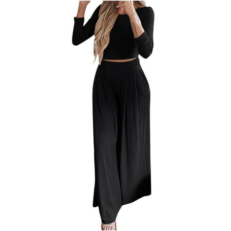 Womens Solid Ribbed 2 Piece Outfits ong Sleeve Crop Top with High Waist Wide Leg Pant Suits Pajamas Sets Loungewear
Womens Solid Ribbed 2 Piece Outfits ong Sleeve Crop Top with High Waist Wide Leg Pant Suits Pajamas Sets Loungewear