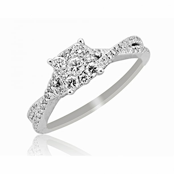 1/2cttw Diamond Engagement Ring 10K White Gold Princess Cut Style Center With Round Diamonds 7.5