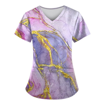 

Mlqidk Scrub Tops for Women Marble Printed Short Sleeve Nurse Working Uniform Summer V Neck Holiday Tunic Blouse with Pocket Purple L