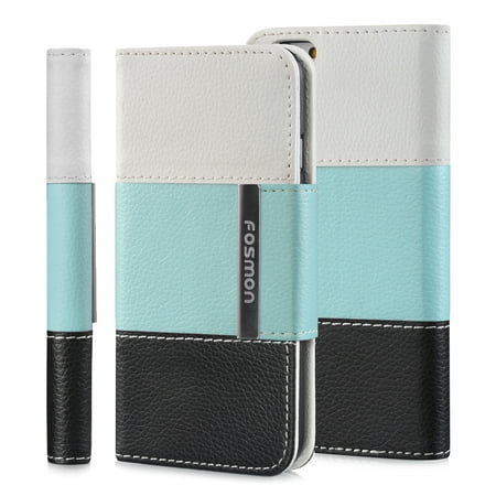 Fosmon CADDY-TRI Leather Folio Wallet Case Cover for Apple iPhone 6 (4.7") - Tricolor (White/Light Blue/Black)