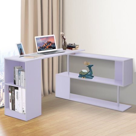 Modern L Shaped Rotating Computer Desk with Shelves