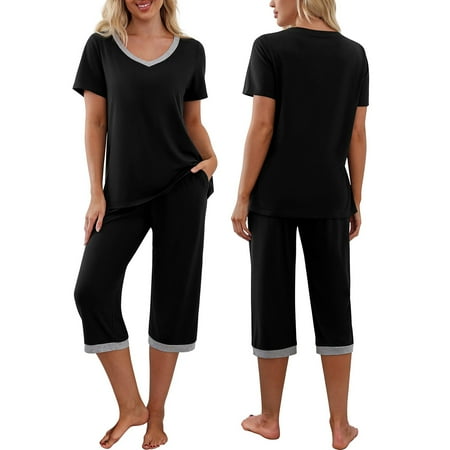 Women s 2Pcs Pajama Set Short Sleeve V Neck T-shirt Capri Cropped Pants Sleepwear Lounge Suits
Women s 2Pcs Pajama Set Short Sleeve V Neck T-shirt Capri Cropped Pants Sleepwear Lounge Suits